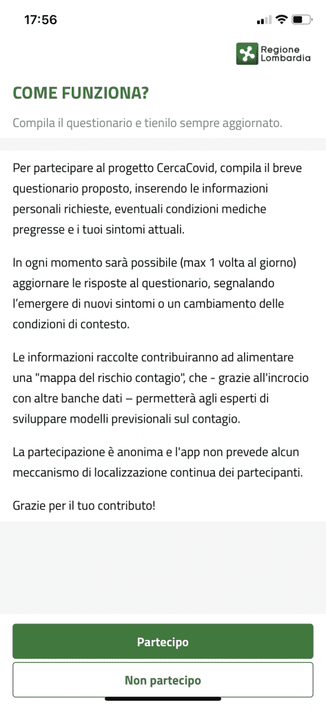 App AllertaLOM: Schermata Come Funziona CercaCovid?