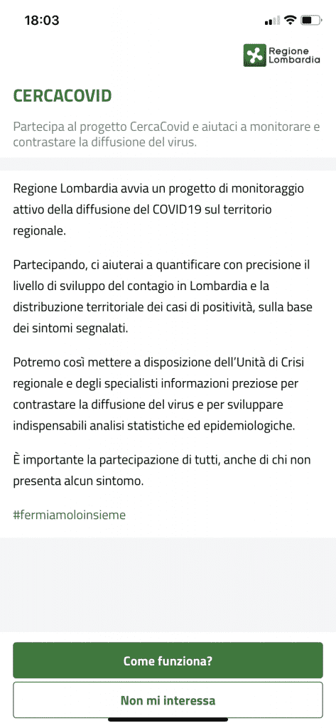 App AllertaLOM: Schermata CercaCovid